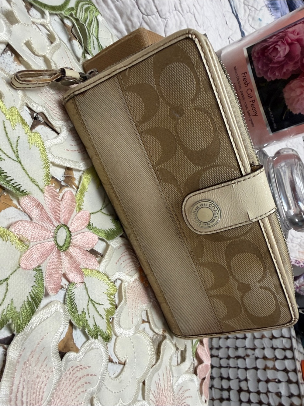 Coach Khaki and Cream Signature Canvas Wristlet Wallet